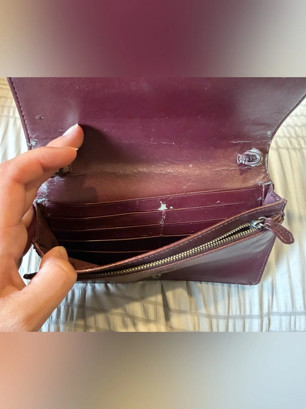 Coach Burgundy Purple Shiny Leather Foldover Wallet Crossbody No Strap